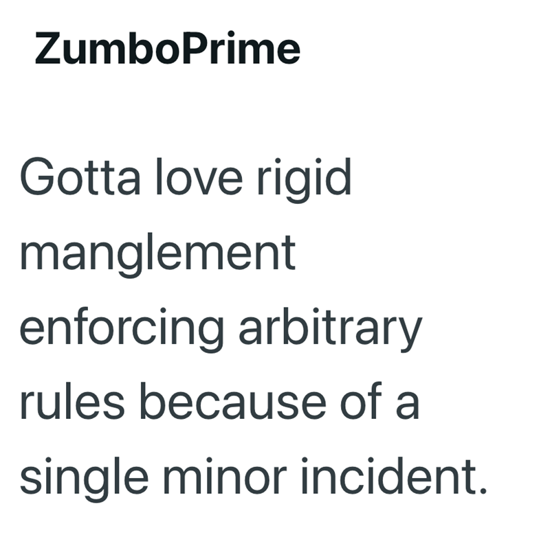 ZumboPrime Gotta love rigid manglement enforcing arbitrary rules because of a single minor incident.