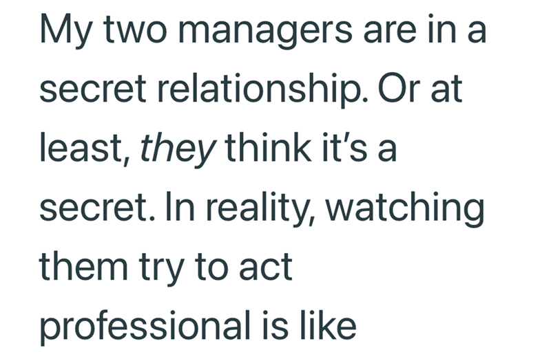 My two managers are in a secret relationship. Or at least, they think it's a secret. In reality, watching them try to act professional is like