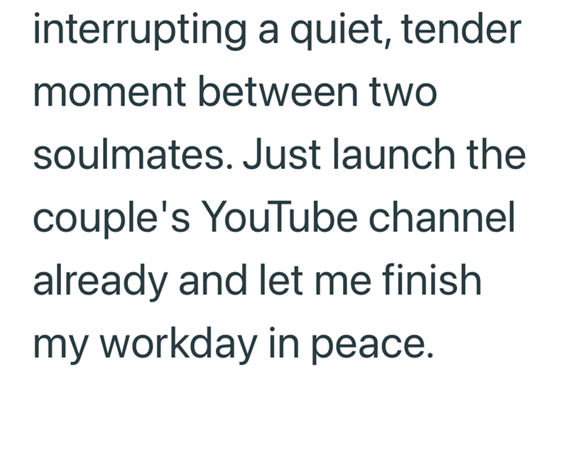 interrupting a quiet, tender moment between two soulmates. Just launch the couple's YouTube channel already and let me finish my workday in peace.
