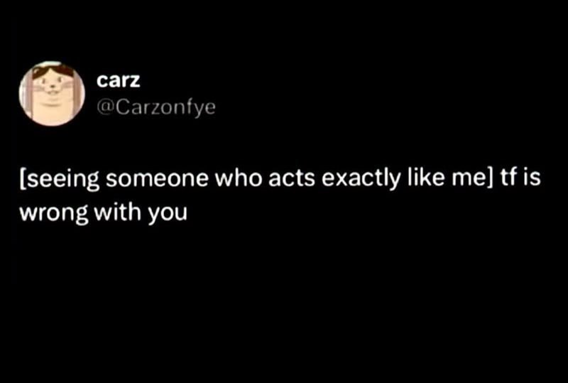 carz @Carzonfye [seeing someone who acts exactly like me] tf is wrong with you