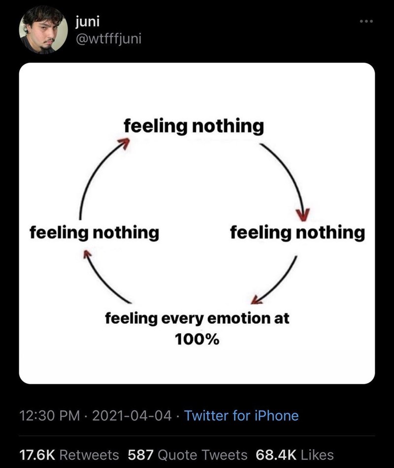 juni @wtfffjuni feeling nothing feeling nothing feeling nothing feeling every emotion at 100% 12:30 PM - 2021-04-04 Twitter for iPhone • 17.6K Retweets 587 Quote Tweets 68.4K Likes