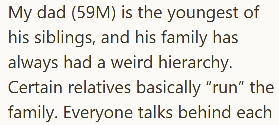 My dad (59M) is the youngest of his siblings, and his family has always had a weird hierarchy. Certain relatives basically "run" the family. Everyone talks behind each