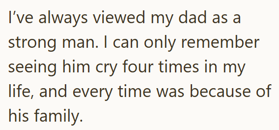 I've always viewed my dad as a strong man. I can only remember seeing him cry four times in my life, and every time was because of his family.