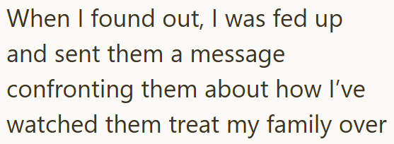 When I found out, I was fed up and sent them a message confronting them about how I've watched them treat my family over