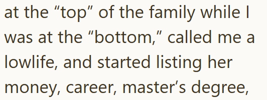 at the "top" of the family while | was at the "bottom," called me a lowlife, and started listing her money, career, master's degree,