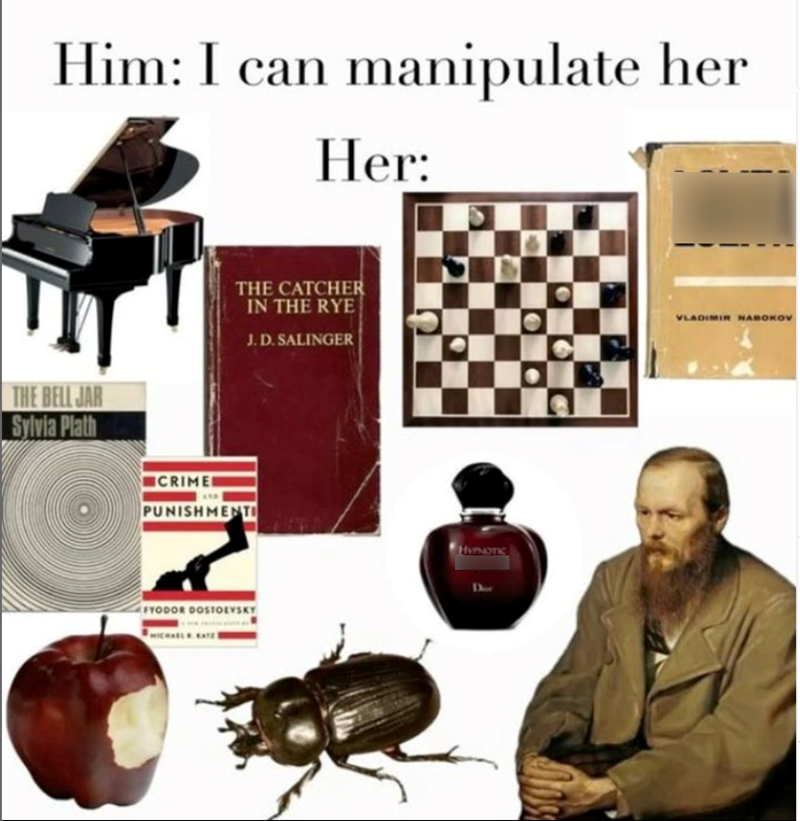 Him: I can manipulate her Her: THE BELL JAR Sylvia Plath THE CATCHER IN THE RYE J.D. SALINGER ICRIMED AND PUNISHMENT FYODOR DOSTOEVSKY HYPNOTIC இர VLADIMIR HABOKOV