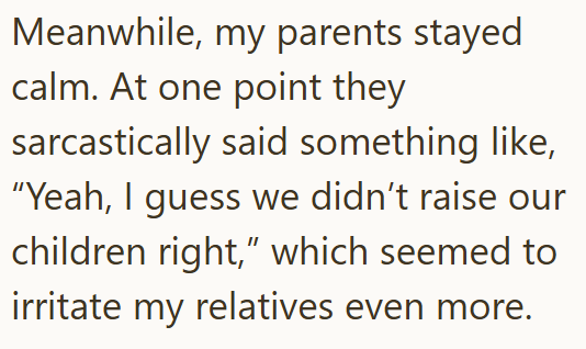 Meanwhile, my parents stayed calm. At one point they sarcastically said something like, "Yeah, I guess we didn't raise our children right," which seemed to irritate my relatives even more.