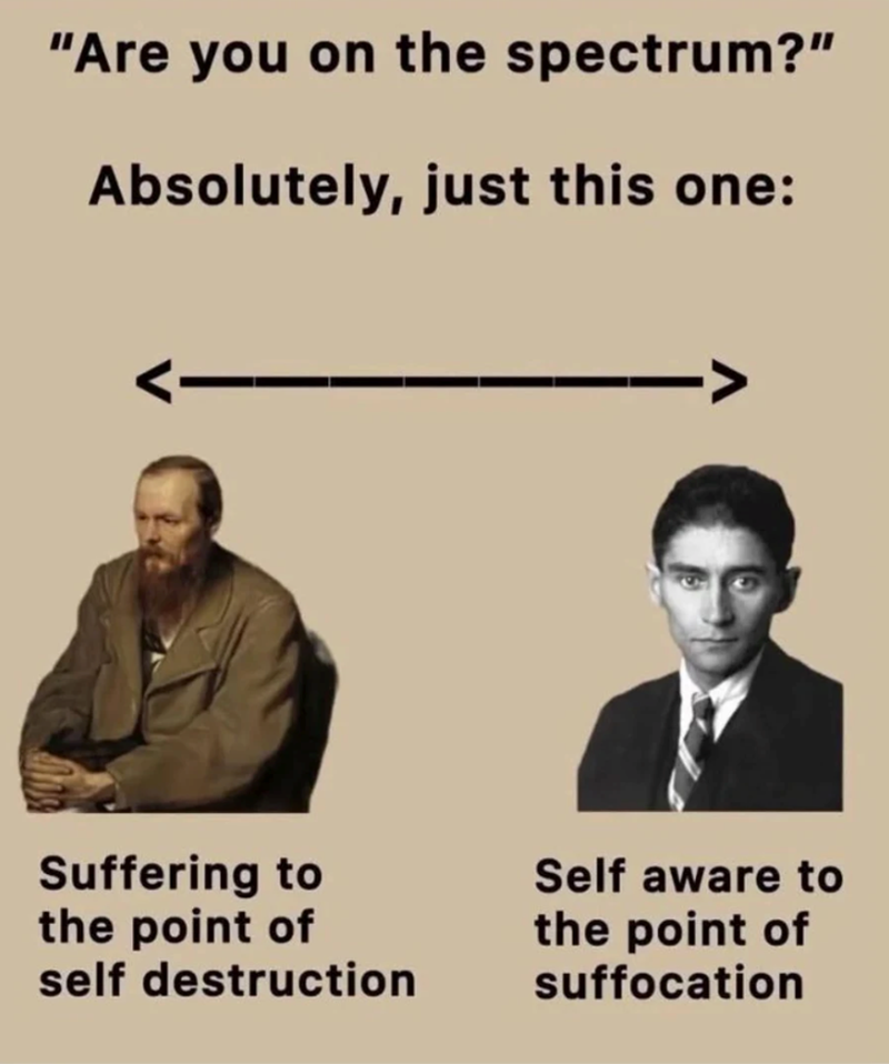 "Are you on the spectrum?" Absolutely, just this one: Suffering to the point of self destruction Self aware to the point of suffocation