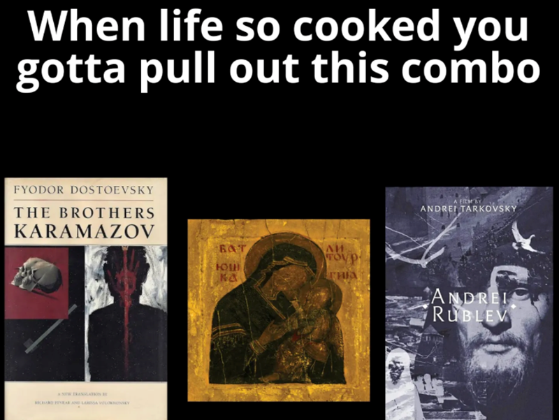 When life so cooked you gotta pull out this combo FYODOR DOSTOEVSKY THE BROTHERS KARAMAZOV A NEW TRANSLATION RICHARD PEYEAR AND LARISSA VOLOKHONKY БАТ ли TOVP HOW KA A FILM BY ANDREI TARKOVSKY ANDREI RUBLEV
