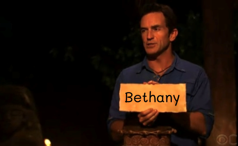 Meme of Jeff Probst holding up the woman's name on a Survivor tribal council voting sheet