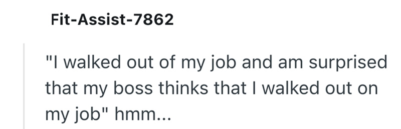 Fit-Assist-7862 "I walked out of my job and am surprised that my boss thinks that I walked out on my job" hmm...