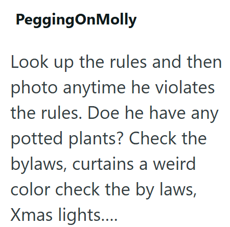 PeggingOnMolly Look up the rules and then photo anytime he violates the rules. Doe he have any potted plants? Check the bylaws, curtains a weird color check the by laws, Xmas lights....
