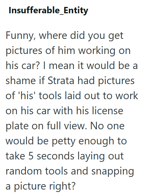 Insufferable_Entity Funny, where did you get pictures of him working on his car? I mean it would be a shame if Strata had pictures of 'his' tools laid out to work on his car with his license plate on full view. No one would be petty enough to take 5 seconds laying out random tools and snapping a picture right?