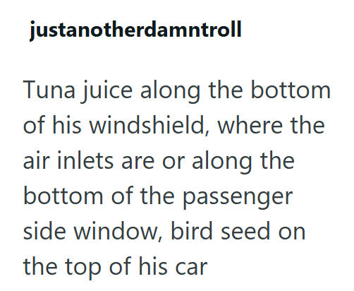 justanotherdamntroll Tuna juice along the bottom of his windshield, where the air inlets are or along the bottom of the passenger side window, bird seed on the top of his car