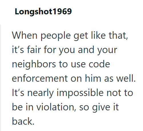 Longshot1969 When people get like that, it's fair for you and your neighbors to use code enforcement on him as well. It's nearly impossible not to be in violation, so give it back.