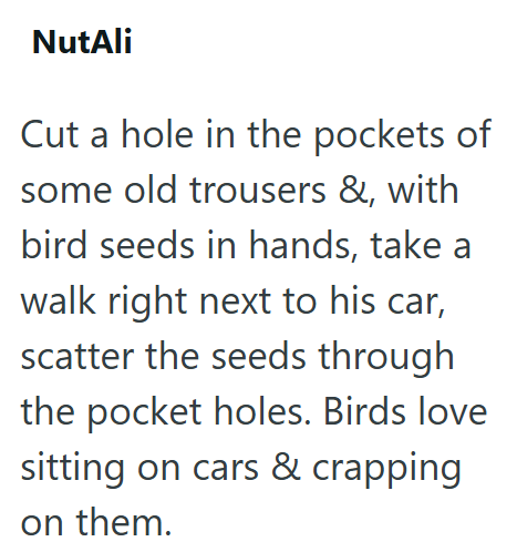 NutAli Cut a hole in the pockets of some old trousers &, with bird seeds in hands, take a walk right next to his car, scatter the seeds through the pocket holes. Birds love sitting on cars & crapping on them.
