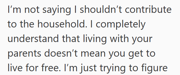 I'm not saying I shouldn't contribute to the household. I completely understand that living with your parents doesn't mean you get to live for free. I'm just trying to figure