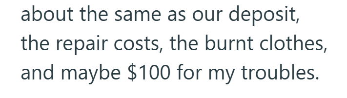 about the same as our deposit, the repair costs, the burnt clothes, and maybe $100 for my troubles.