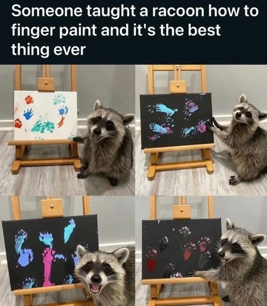 Someone taught a racoon how to finger paint and it's the best thing ever