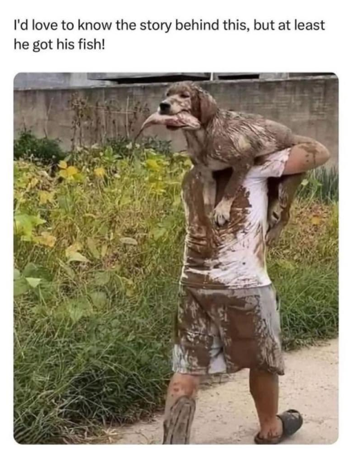 I'd love to know the story behind this, but at least he got his fish!