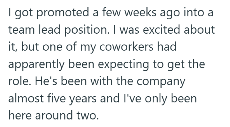 I got promoted a few weeks ago into a team lead position. I was excited about it, but one of my coworkers had apparently been expecting to get the role. He's been with the company almost five years and I've only been here around two.