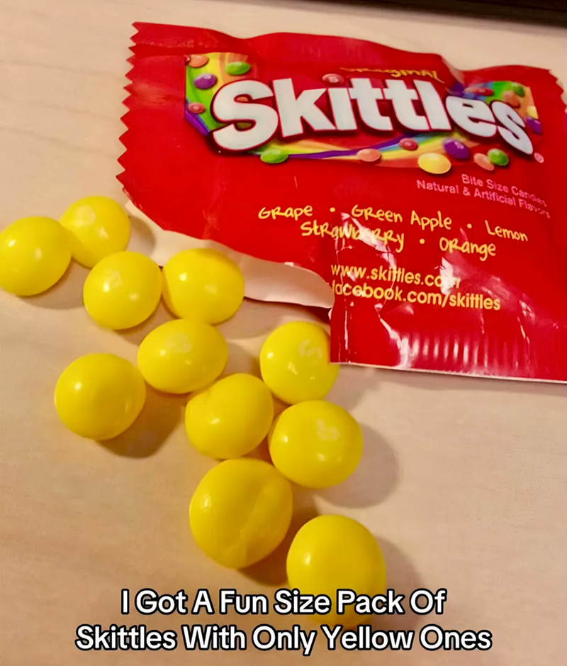Skittle Grape Bite Size Cance Natural & Artificial Flavors Green AppleLemon Strawberry Orange Ry www.skittles.com facebook.com/skittles I Got A Fun Size Pack Of Skittles With Only Yellow Ones