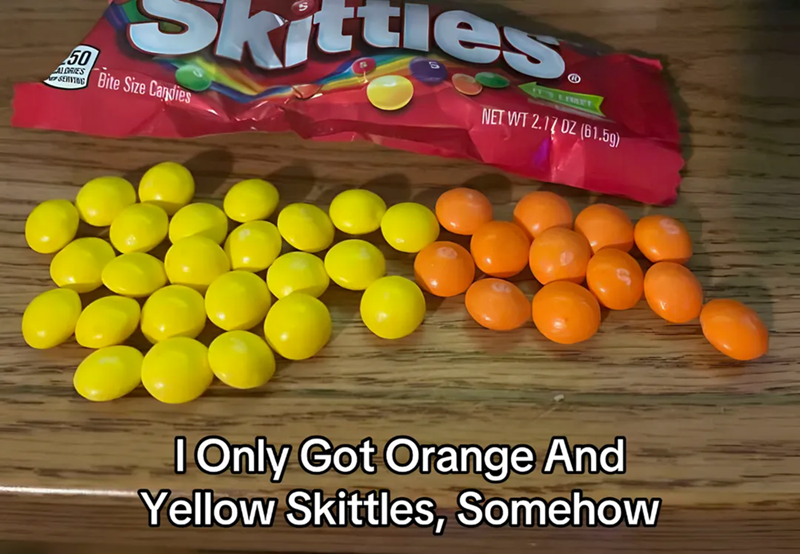 50 ALDRIES SEMITOG Bite Size Candies itties ISLIBET NET WT 2.17 DZ (61.5g) I Only Got Orange And Yellow Skittles, Somehow