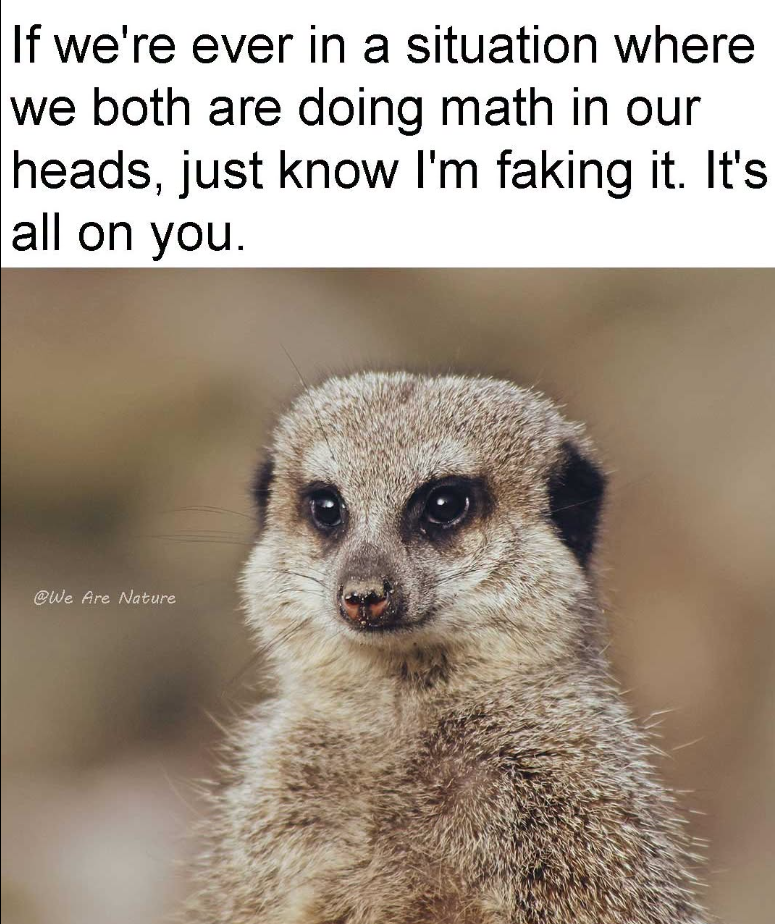 If we're ever in a situation where we both are doing math in our heads, just know I'm faking it. It's all on you. @We Are Nature