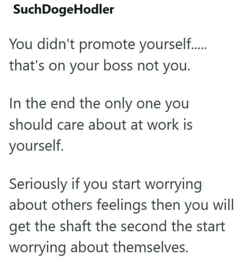 SuchDogeHodler You didn't promote yourself..... that's on your boss not you. In the end the only one you should care about at work is yourself. Seriously if you start worrying about others feelings then you will get the shaft the second the start worrying about themselves.