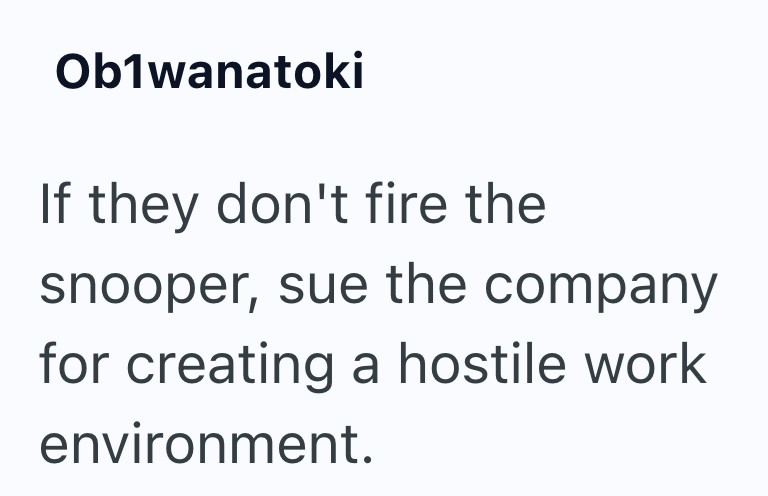 Ob1wanatoki If they don't fire the snooper, sue the company for creating a hostile work environment.