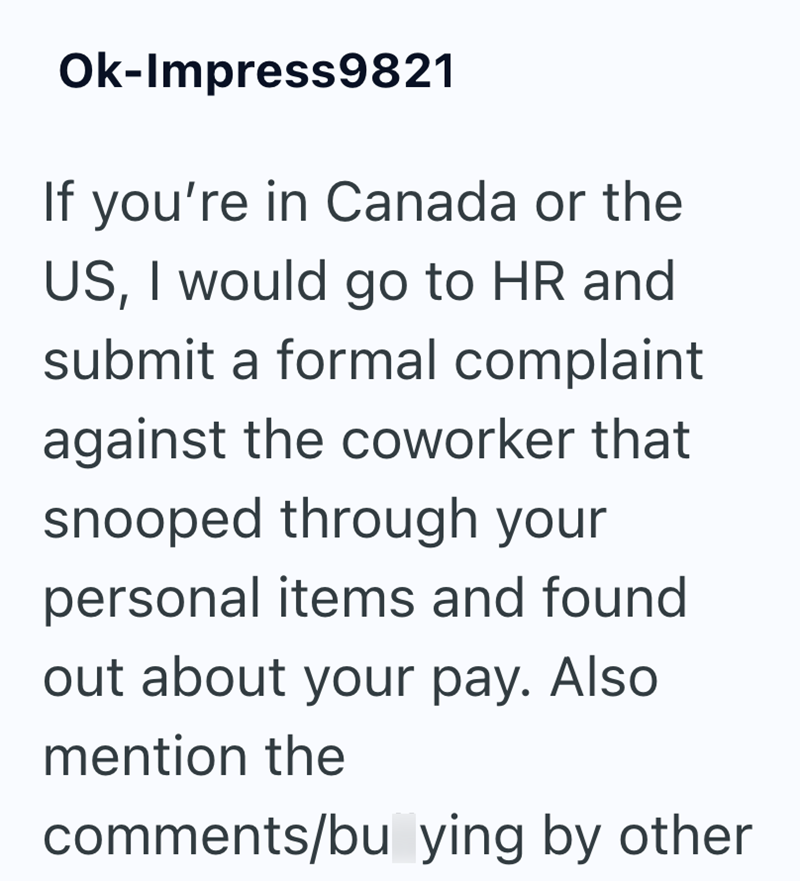 Ok-Impress9821 If you're in Canada or the US, I would go to HR and submit a formal complaint against the coworker that snooped through your personal items and found out about your pay. Also mention the comments/bu ying by other