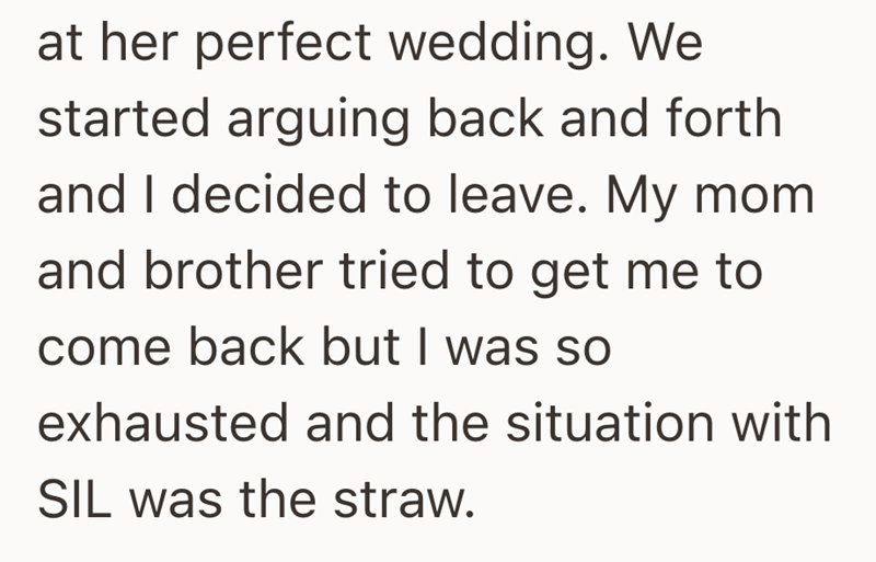 at her perfect wedding. We started arguing back and forth and I decided to leave. My mom and brother tried to get me to come back but I was so exhausted and the situation with SIL was the straw.