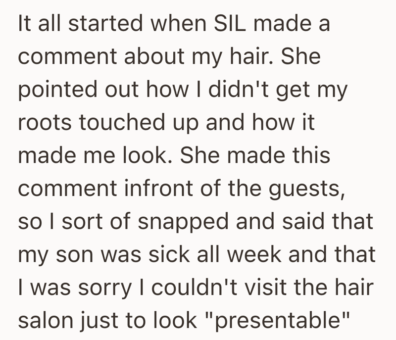 It all started when SIL made a comment about my hair. She pointed out how I didn't get my roots touched up and how it. made me look. She made this comment infront of the guests, so I sort of snapped and said that my son was sick all week and that I was sorry I couldn't visit the hair salon just to look "presentable"