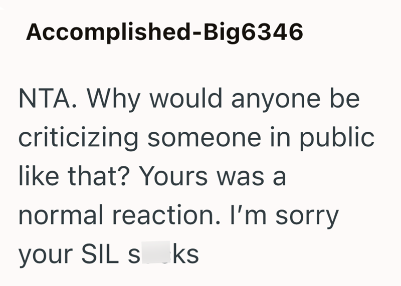 Accomplished-Big6346 NTA. Why would anyone be criticizing someone in public like that? Yours was a normal reaction. I'm sorry your SIL sks