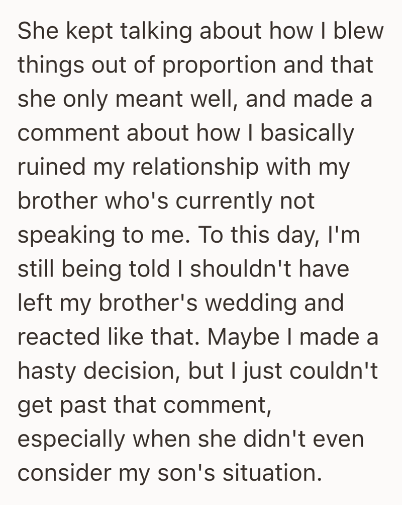 She kept talking about how I blew things out of proportion and that she only meant well, and made a comment about how I basically ruined my relationship with my brother who's currently not speaking to me. To this day, I'm still being told I shouldn't have left my brother's wedding and reacted like that. Maybe I made a hasty decision, but I just couldn't get past that comment, especially when she didn't even consider my son's situation.