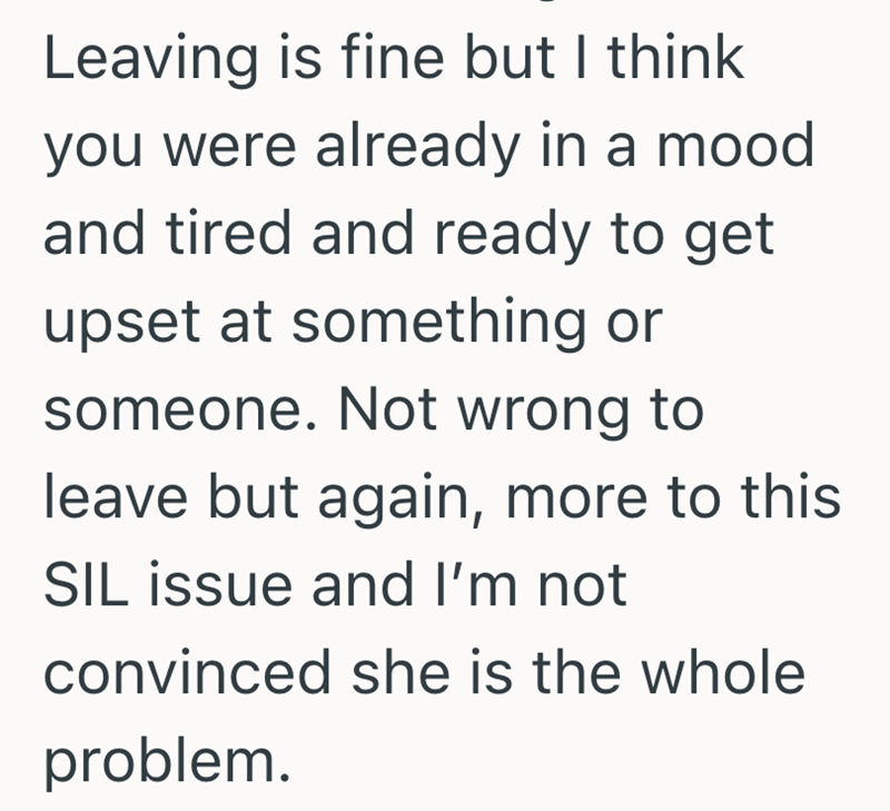 Leaving is fine but I think you were already in a mood and tired and ready to get upset at something or someone. Not wrong to leave but again, more to this SIL issue and I'm not convinced she is the whole problem.