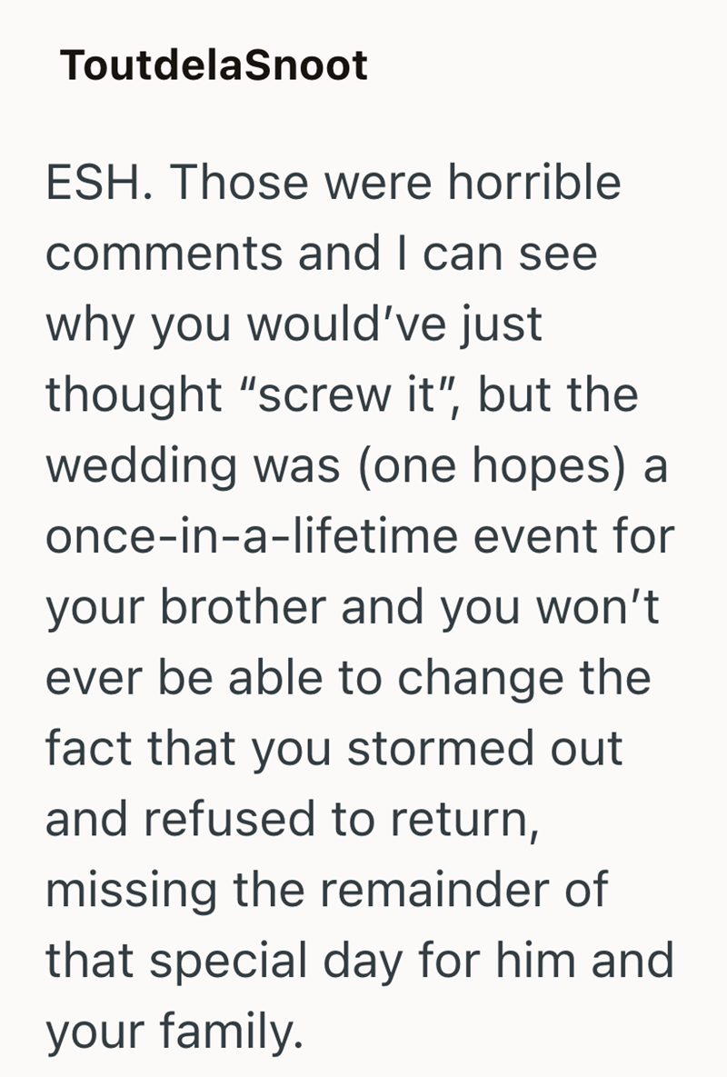 ToutdelaSnoot ESH. Those were horrible comments and I can see why you would've just thought "screw it", but the wedding was (one hopes) a once-in-a-lifetime event for your brother and you won't ever be able to change the fact that you stormed out and refused to return, missing the remainder of that special day for him and your family.