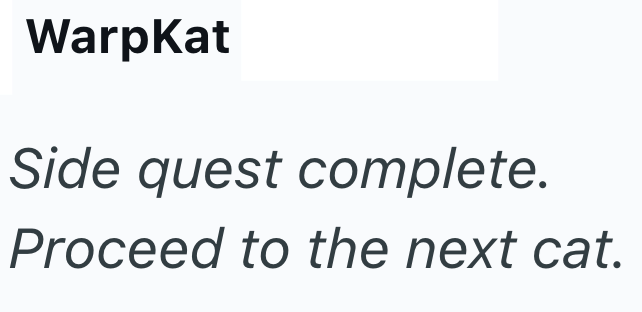 WarpKat Side quest complete. Proceed to the next cat.