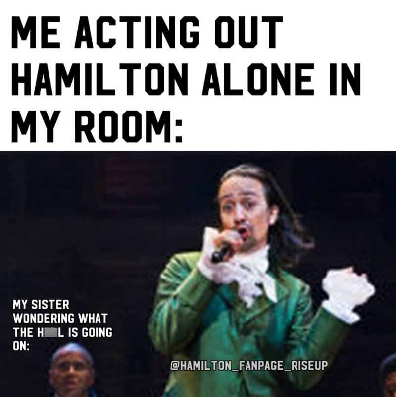 ME ACTING OUT HAMILTON ALONE IN MY ROOM: MY SISTER WONDERING WHAT THE HOL IS GOING ON: @HAMILTON_FANPAGE_RISEUP