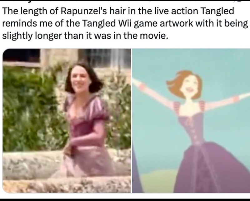 The length of Rapunzel's hair in the live action Tangled reminds me of the Tangled Wii game artwork with it being slightly longer than it was in the movie.