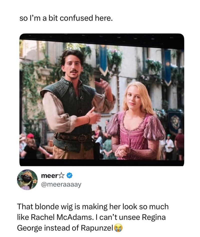 so I'm a bit confused here. meer✩ @meeraaaay That blonde wig is making her look so much like Rachel McAdams. I can't unsee Regina George instead of Rapunzel