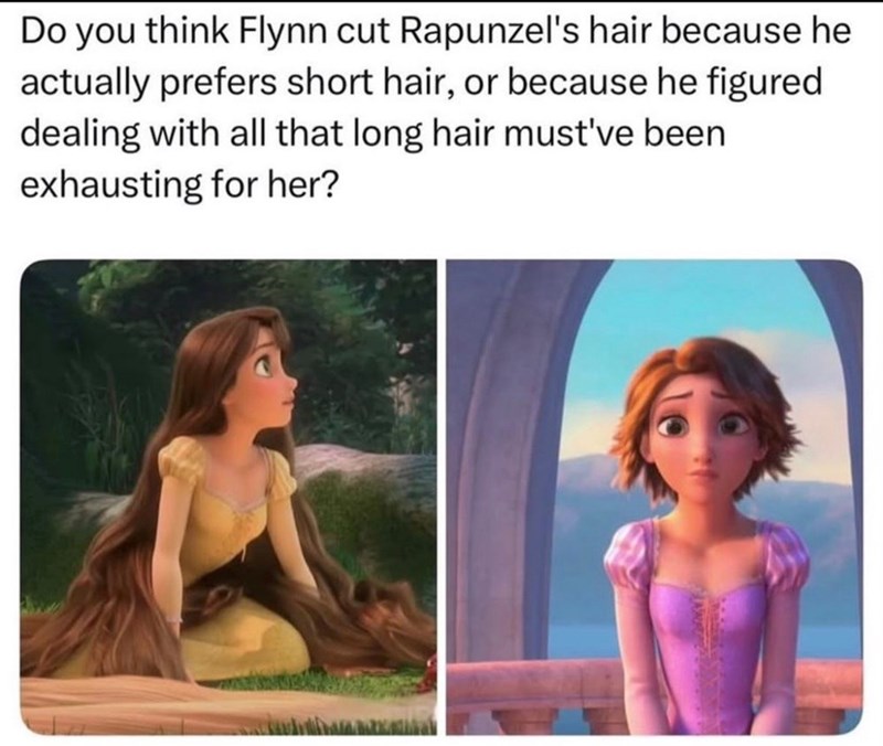 Do you think Flynn cut Rapunzel's hair because he actually prefers short hair, or because he figured dealing with all that long hair must've been. exhausting for her?