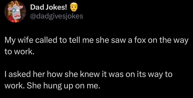 Dad Jokes! @dadgivesjokes My wife called to tell me she saw a fox on the way to work. I asked her how she knew it was on its way to work. She hung up on me.