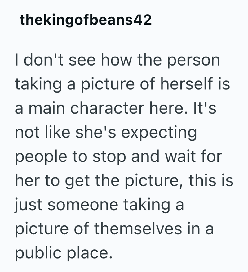 thekingofbeans42 I don't see how the person taking a picture of herself is a main character here. It's not like she's expecting people to stop and wait for her to get the picture, this is just someone taking a picture of themselves in a public place.