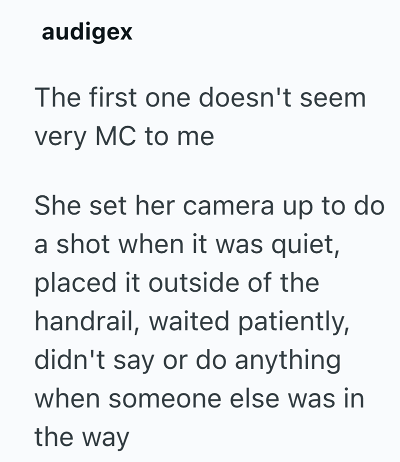 audigex The first one doesn't seem very MC to me She set her camera up to do a shot when it was quiet, placed it outside of the handrail, waited patiently, didn't say or do anything when someone else was in the way