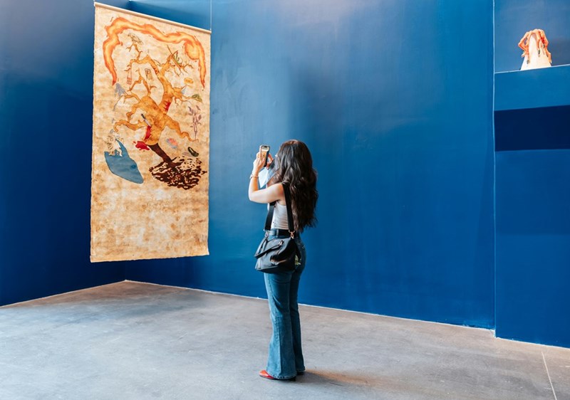 A young woman takes a photo of a piece of art in a museum