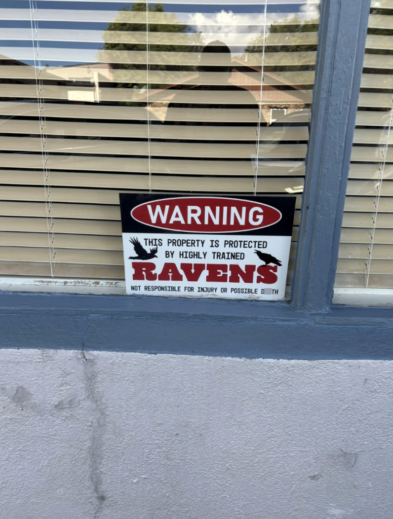 WARNING THIS PROPERTY IS PROTECTED BY HIGHLY TRAINED RAVENS NOT RESPONSIBLE FOR INJURY OR POSSIBLE D TH