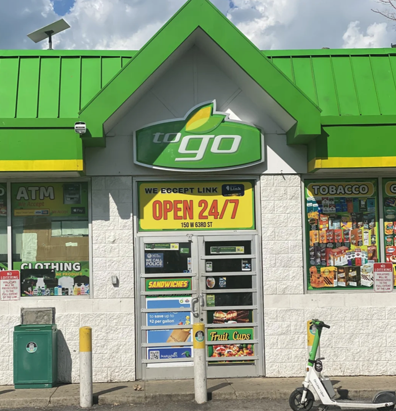 PATM We Accept Pay to go Link TOBACCO C WE ECCEPT LINK OPEN 24/7 150 W 63RD ST NO LOITERING PROSECUTED TO THE FULL EXTENT OF THE LAW CLOTHING NE PRODUCT MiJa WE CALL POLICE SANDWICHES to save up to $2 per gallon Fruit Cups LOITERING VIOLATORS PROSECUTED FULL EXTENT OF THE LAW