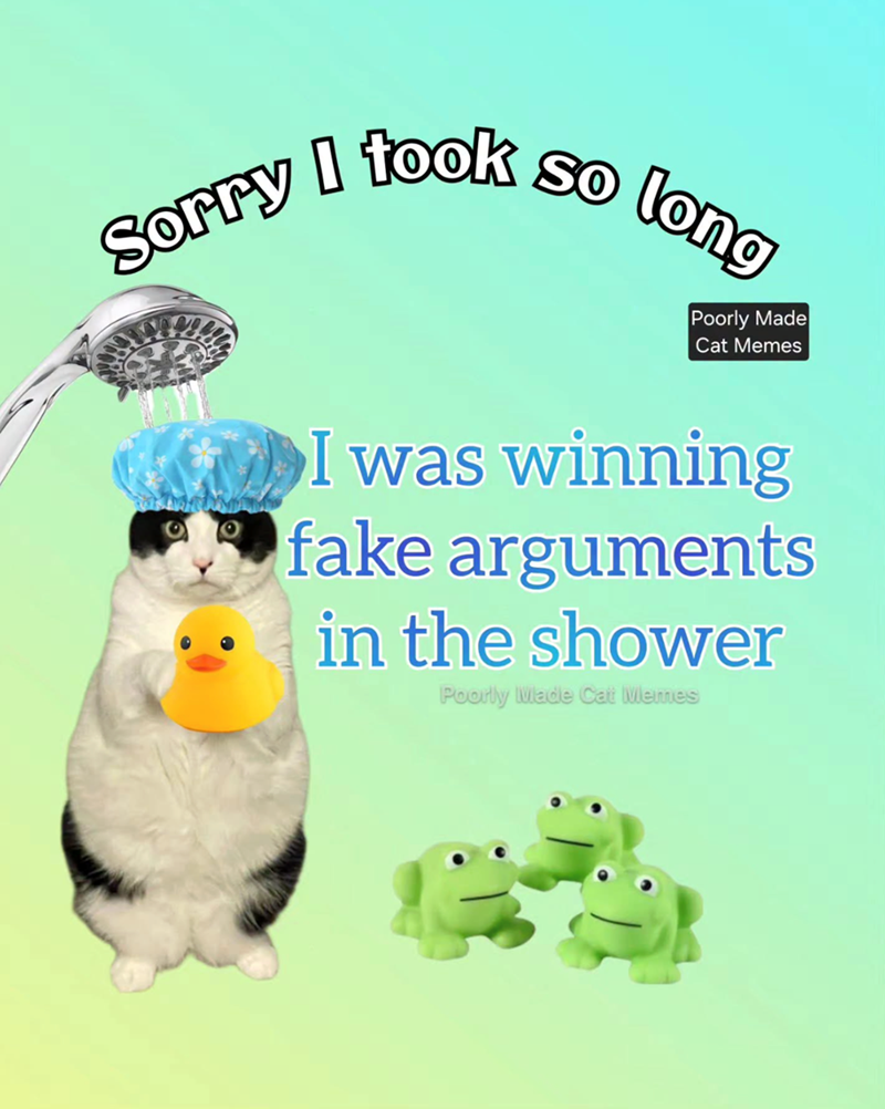 Sorry I took so long Poorly Made Cat Memes I was winning fake arguments in the shower Poorly Made Cat Memes