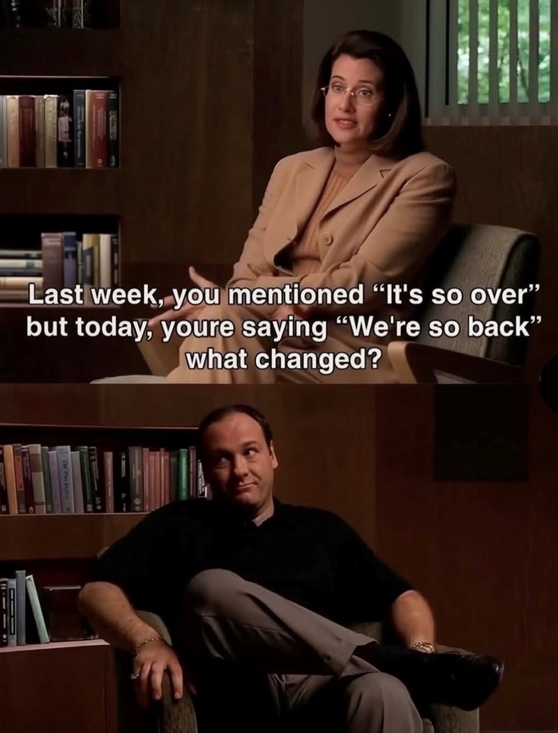 Last week, you mentioned "It's so over" but today, youre saying "We're so back" what changed?
